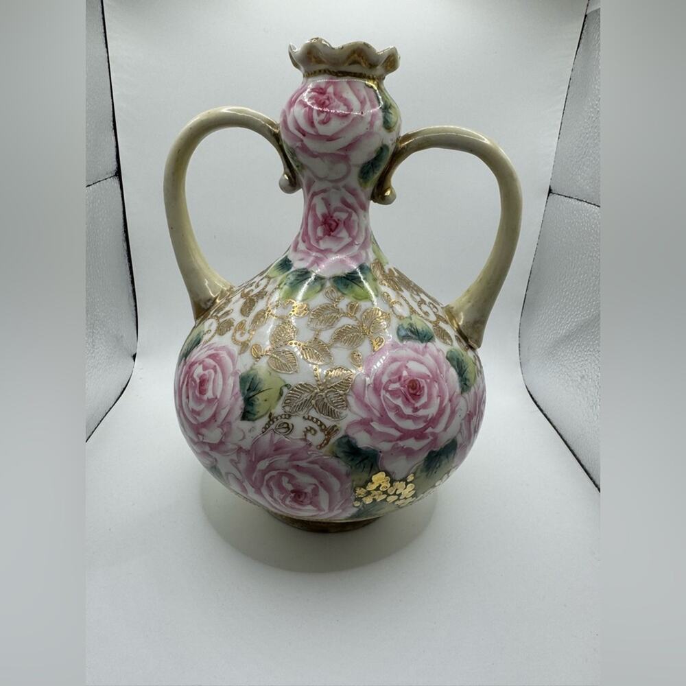 Nippon Vase / Gold plated Noritake Vase with roses; Stamped / EUC / vintage